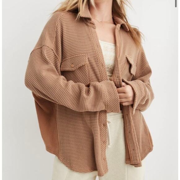 Aerie LumberJane Waffle Shirt Shacket Oversized Relaxed Comfortable Tan Brown XS - Picture 1 of 16